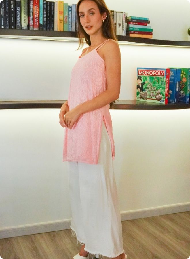 Peach Floral Embroidered Sleeveless Kurti