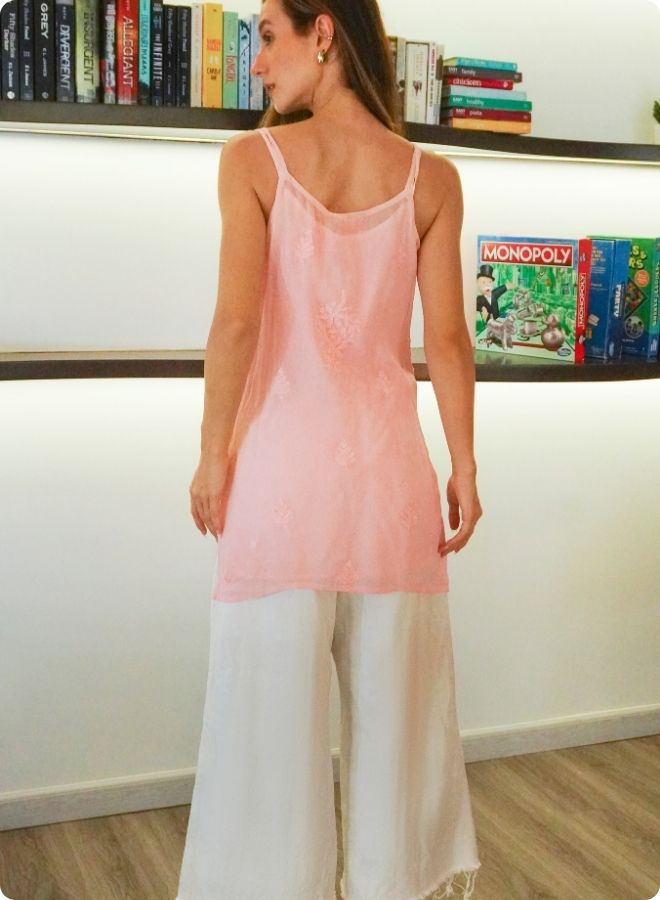 Peach Floral Embroidered Sleeveless Kurti