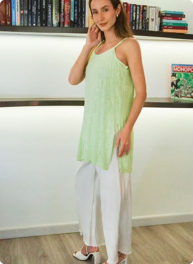 Pista green Floral Embroidered Sleeveless Kurti