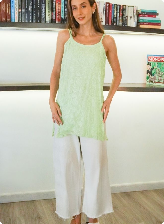 Pista green Floral Embroidered Sleeveless Kurti