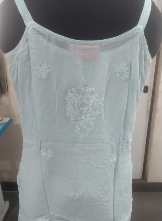 Sky Blue Floral Embroidered Sleeveless Kurti
