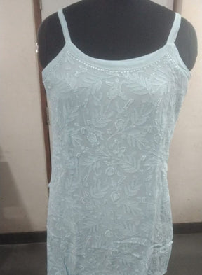 Sky Blue Floral Embroidered Sleeveless Kurti