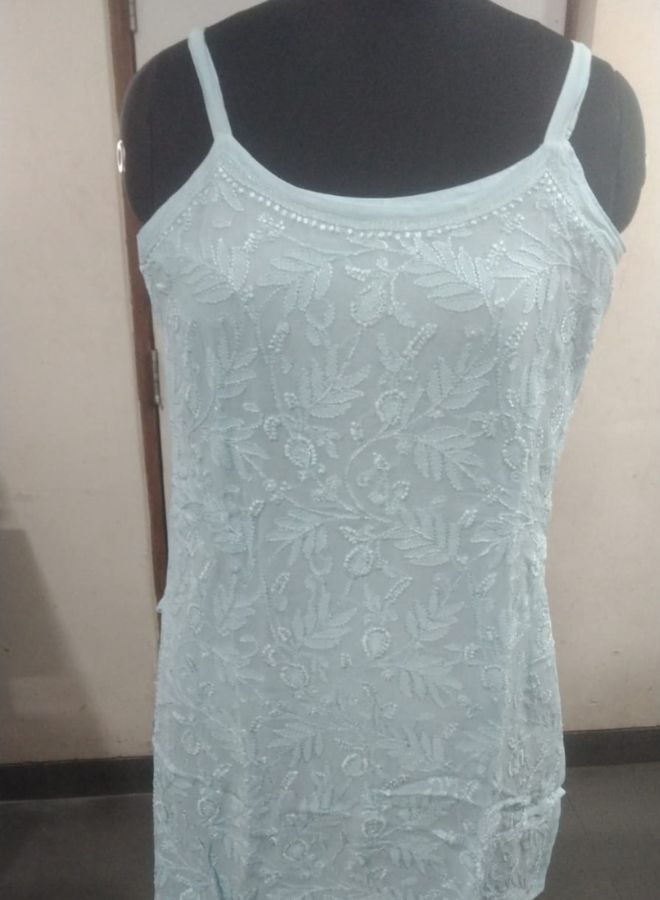 Sky Blue Floral Embroidered Sleeveless Kurti