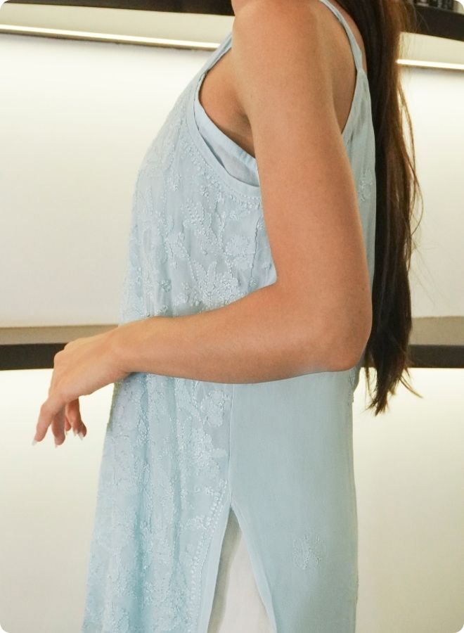 Sky Blue Floral Embroidered Sleeveless Kurti