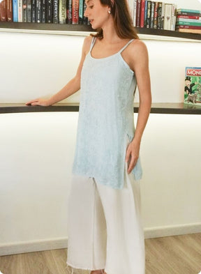 Sky Blue Floral Embroidered Sleeveless Kurti