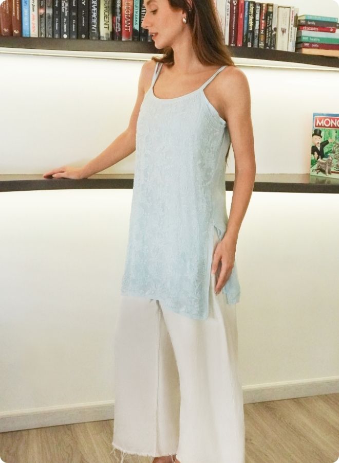 Sky Blue Floral Embroidered Sleeveless Kurti