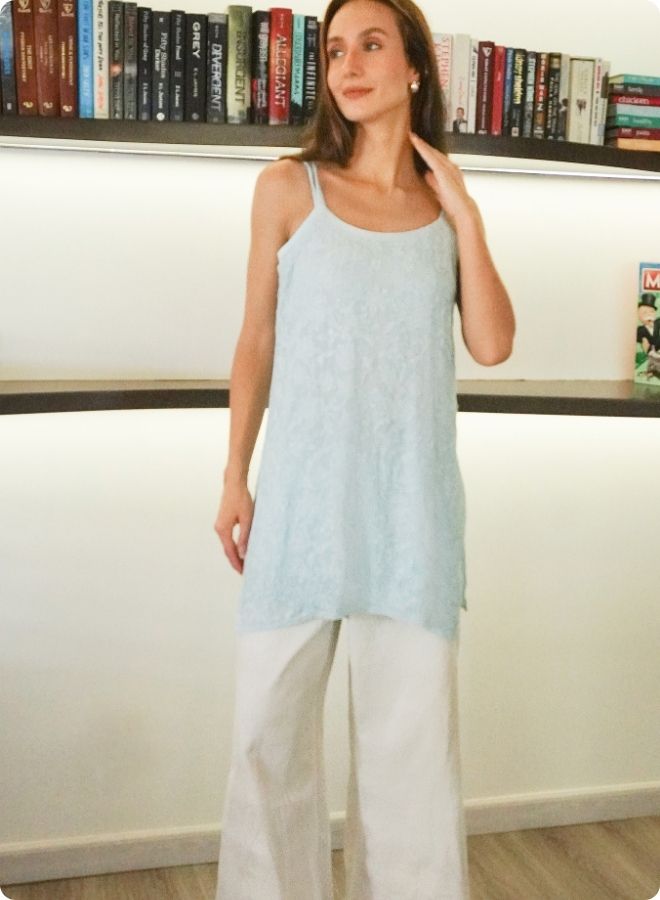 Sky Blue Floral Embroidered Sleeveless Kurti