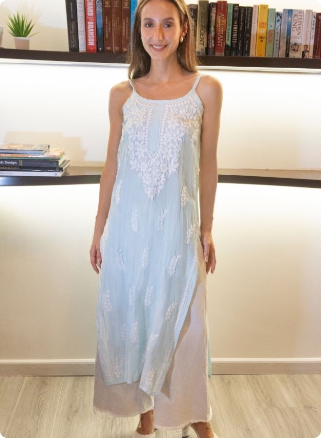 Skyblue Sleeveless Kurtis with White Floral Embroidery