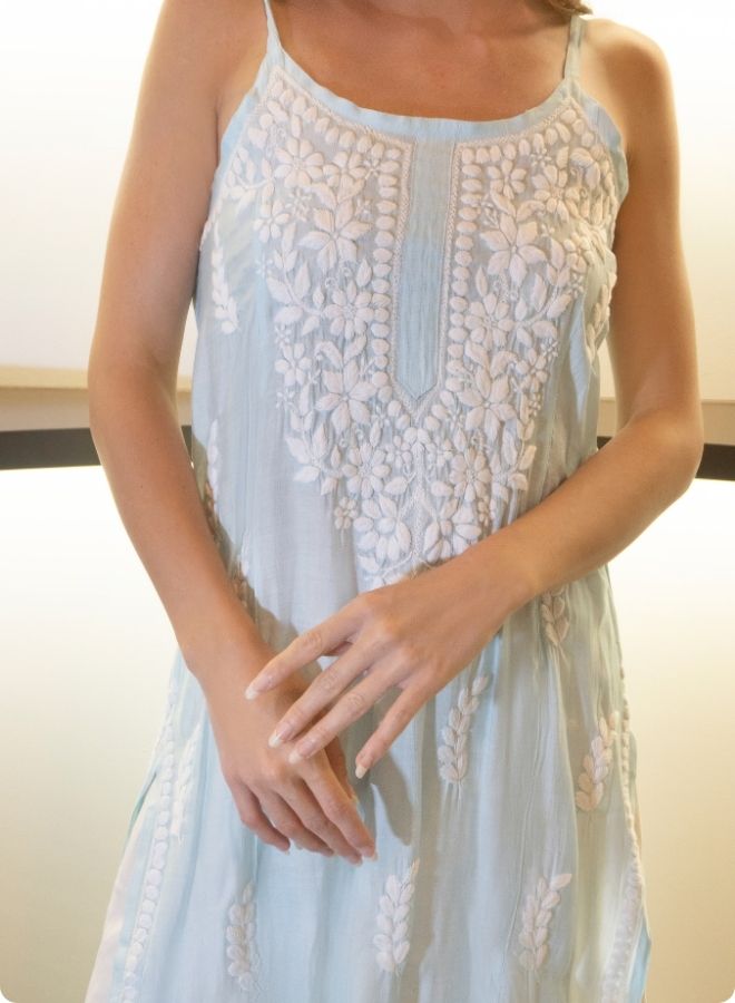 Skyblue Sleeveless Kurtis with White Floral Embroidery