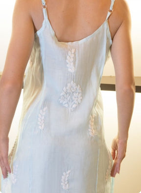 Skyblue Sleeveless Kurtis with White Floral Embroidery