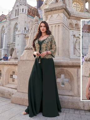 Bottle Green embroidered Palazzo Jacket Set