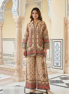 Cream Printed Co-Ord Set for Women with Palazzo Pants
