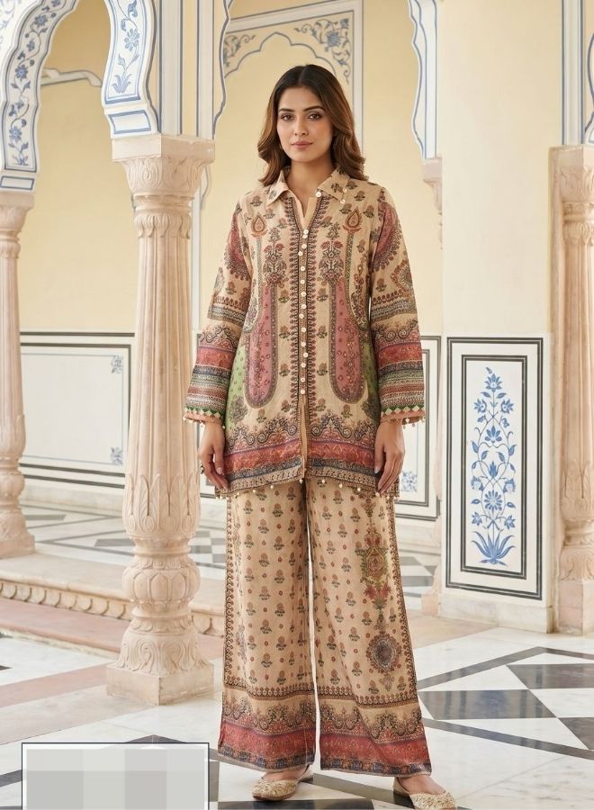 Cream Printed Co-Ord Set for Women with Palazzo Pants