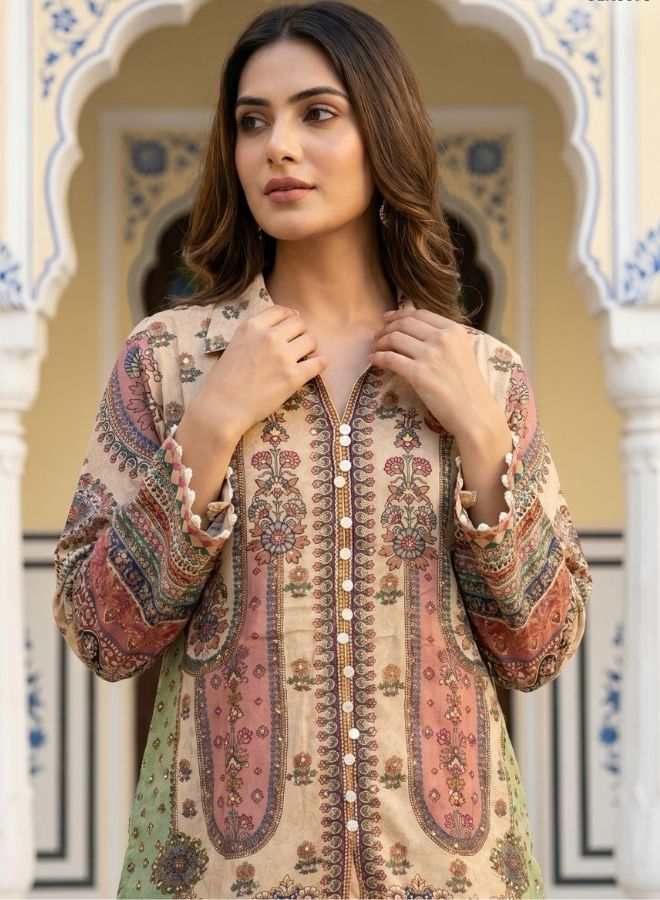 Cream Printed Co-Ord Set for Women with Palazzo Pants