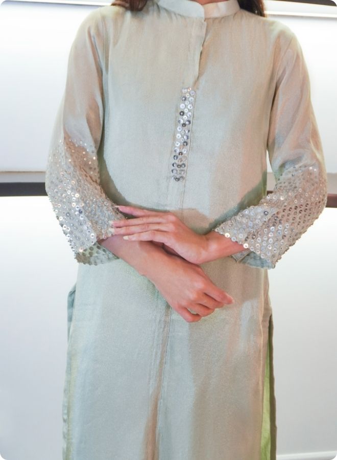 Light Pistachio Green Silk Co-Ord Set with Embellished Sleeves
