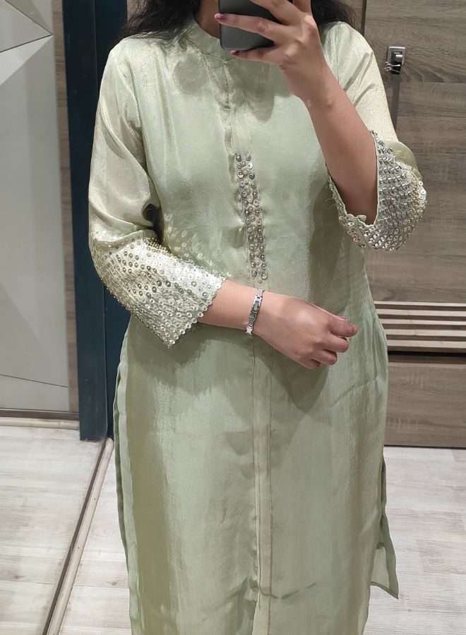Light Pistachio Green Silk Co-Ord Set with Embellished Sleeves