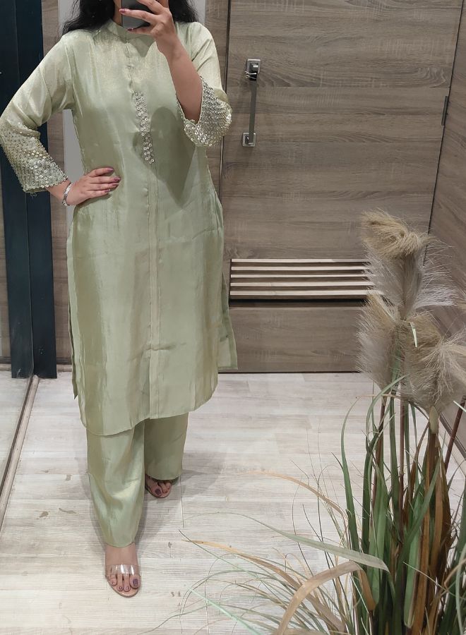 Light Pistachio Green Silk Co-Ord Set with Embellished Sleeves