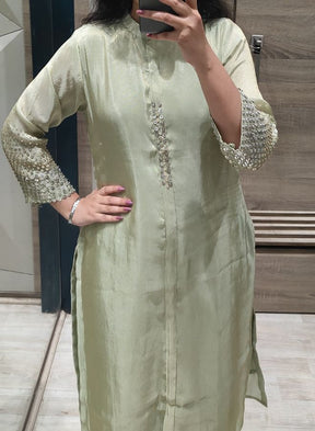 Light Pistachio Green Silk Co-Ord Set with Embellished Sleeves