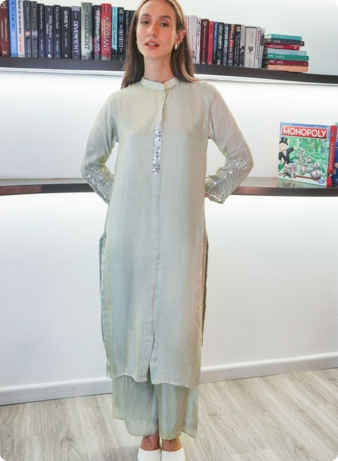 Light Pistachio Green Silk Co-Ord Set with Embellished Sleeves