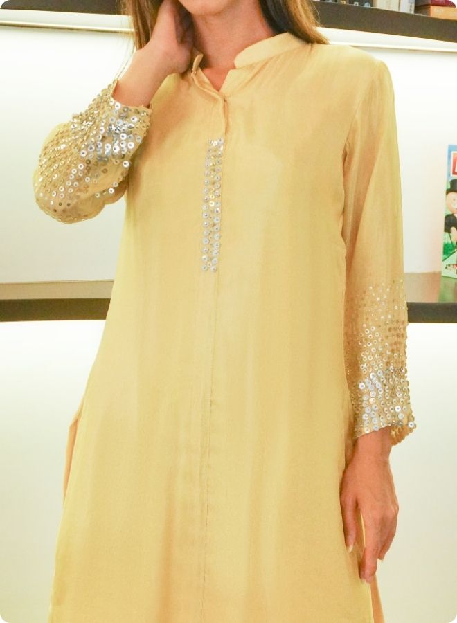 Golden Yellow Silk Co-Ord Set with Sequin Embellished Details