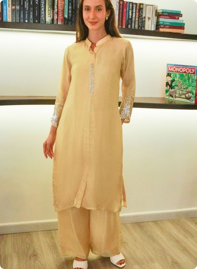 Golden Yellow Silk Co-Ord Set with Sequin Embellished Details