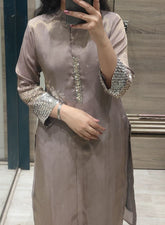 Brown Silk Kurta Set with Mirror Embellishments