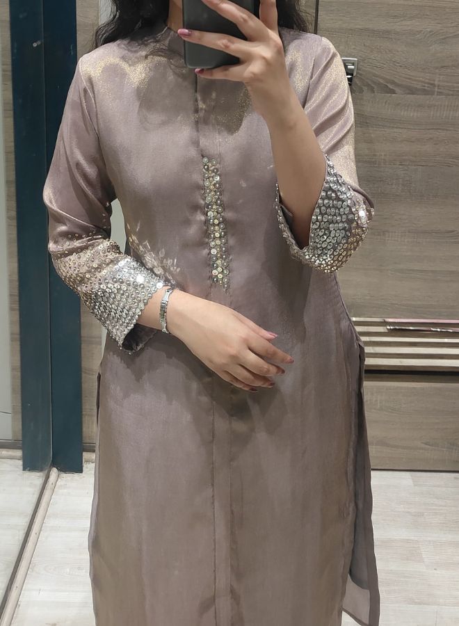 Brown Silk Kurta Set with Mirror Embellishments