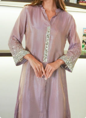 Brown Silk Kurta Set with Mirror Embellishments