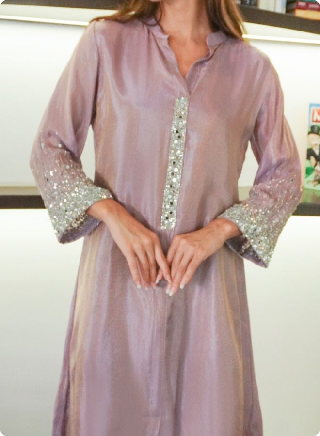 Brown Silk Kurta Set with Mirror Embellishments