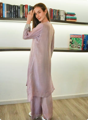 Brown Silk Kurta Set with Mirror Embellishments