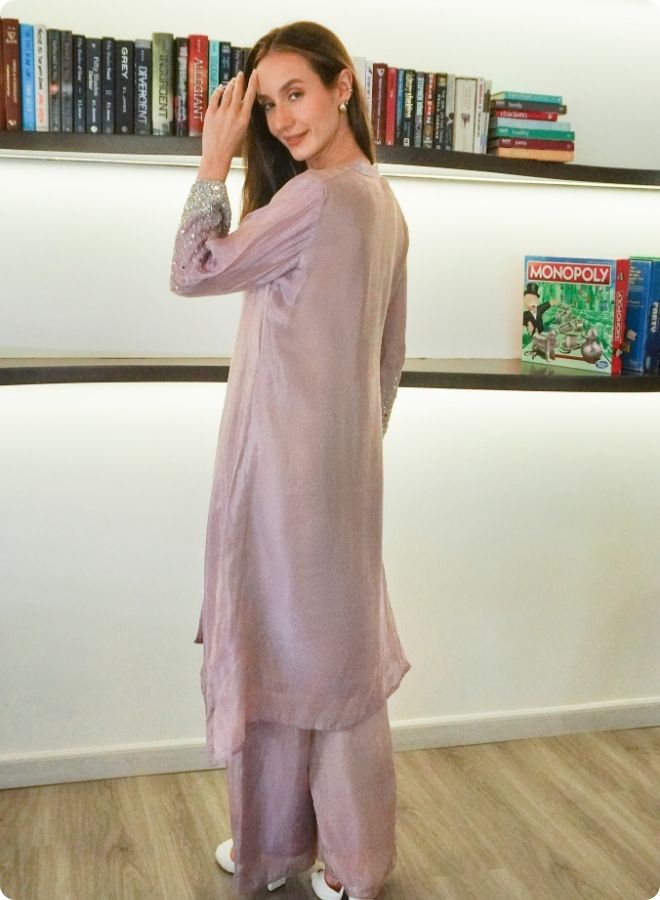 Brown Silk Kurta Set with Mirror Embellishments