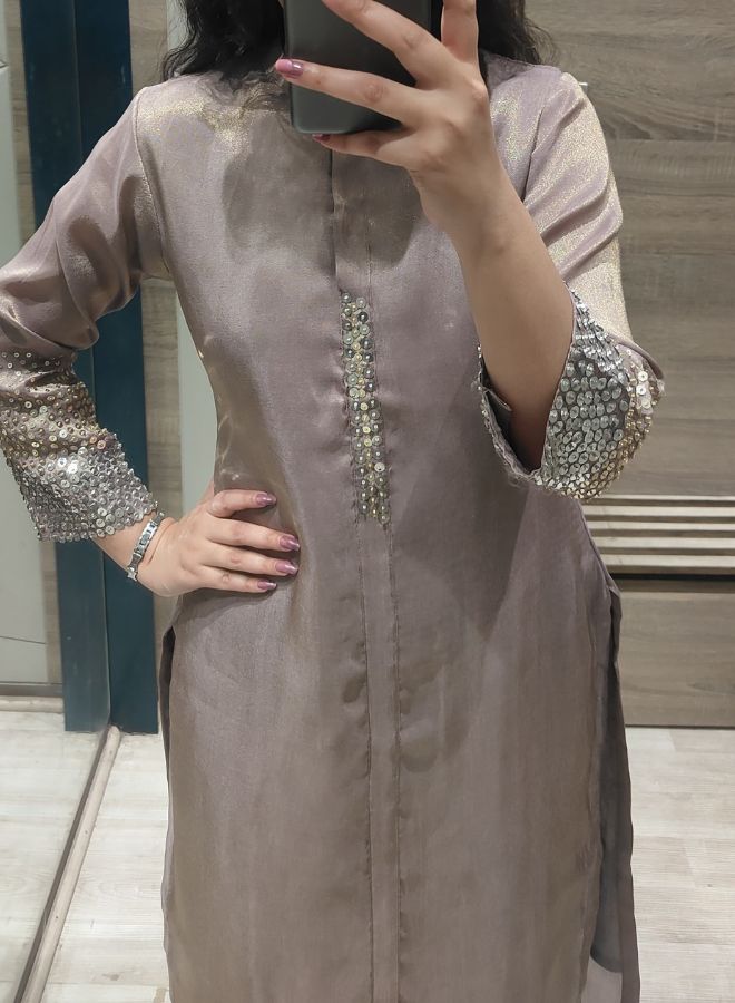 Brown Silk Kurta Set with Mirror Embellishments