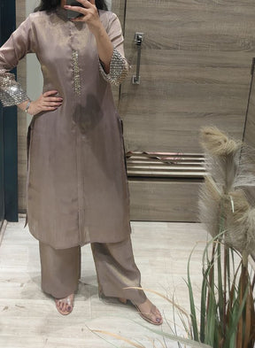 Brown Silk Kurta Set with Mirror Embellishments