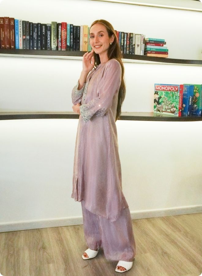 Brown Silk Kurta Set with Mirror Embellishments