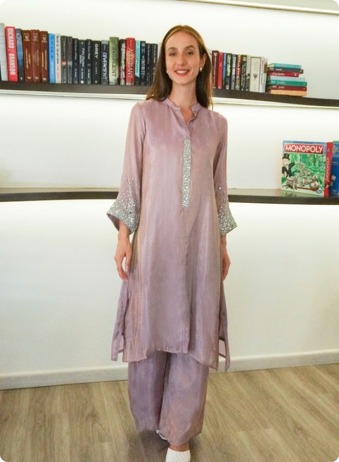 Brown Silk Kurta Set with Mirror Embellishments