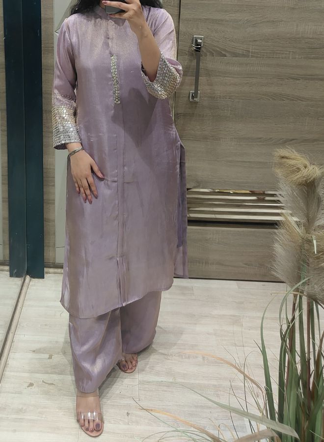 Lavender Silk Kurta Set with Sequin Embellished Sleeves