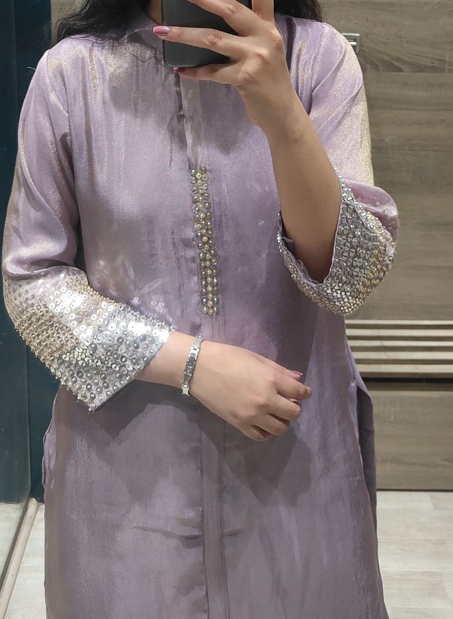 Lavender Silk Kurta Set with Sequin Embellished Sleeves