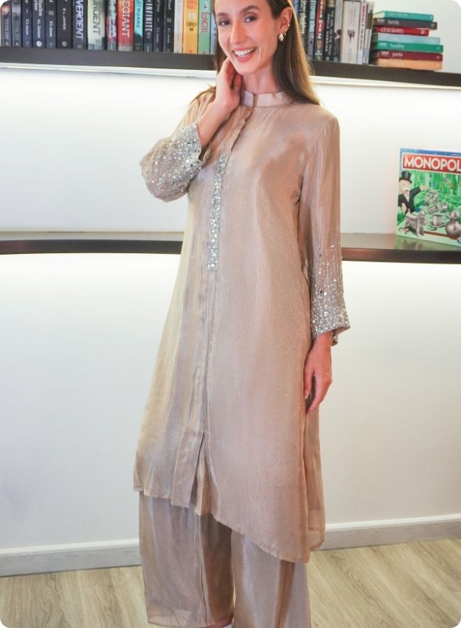 Lavender Silk Kurta Set with Sequin Embellished Sleeves