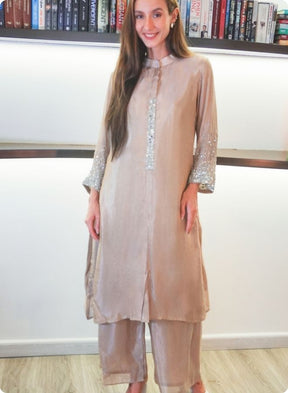 Lavender Silk Kurta Set with Sequin Embellished Sleeves