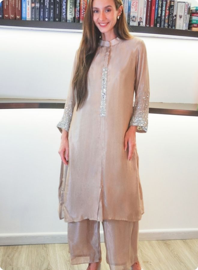 Lavender Silk Kurta Set with Sequin Embellished Sleeves
