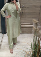 Sea Green Silk Kurta Set with Mirror Work Detailing