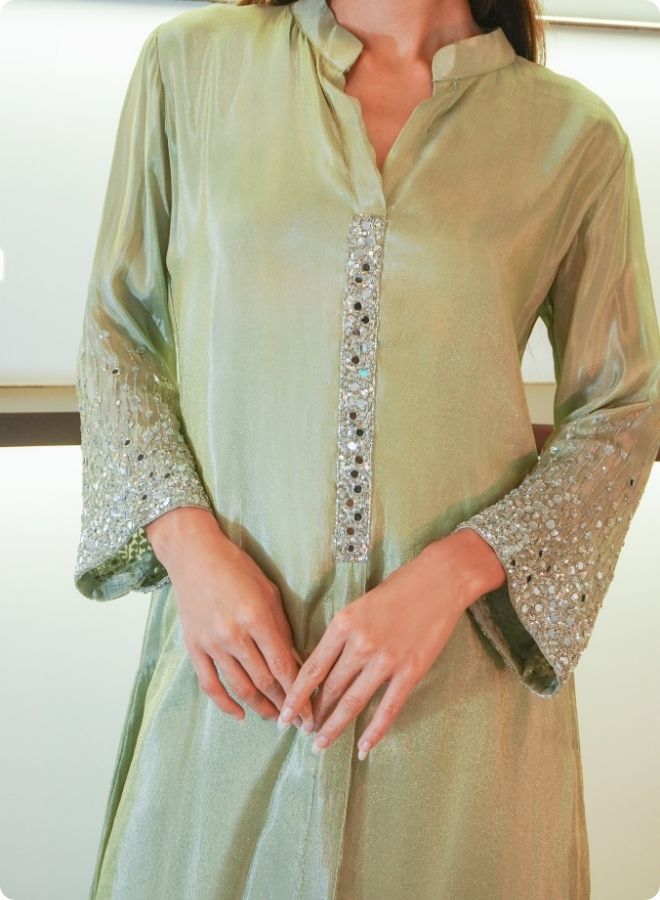 Sea Green Silk Kurta Set with Mirror Work Detailing