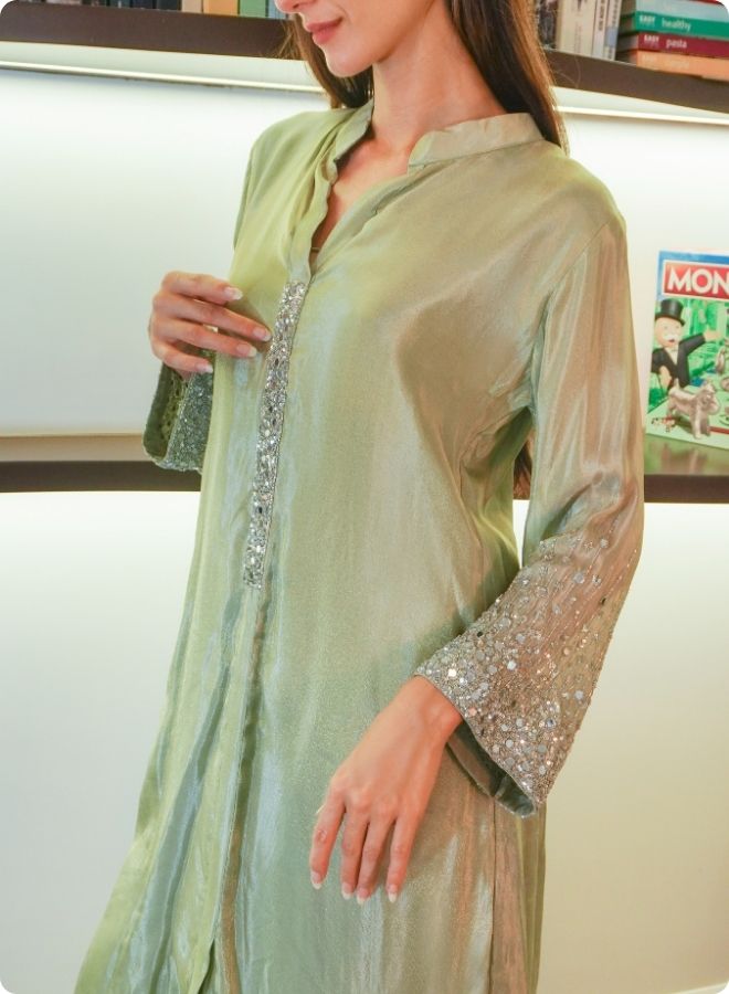 Sea Green Silk Kurta Set with Mirror Work Detailing