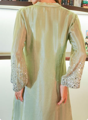 Sea Green Silk Kurta Set with Mirror Work Detailing