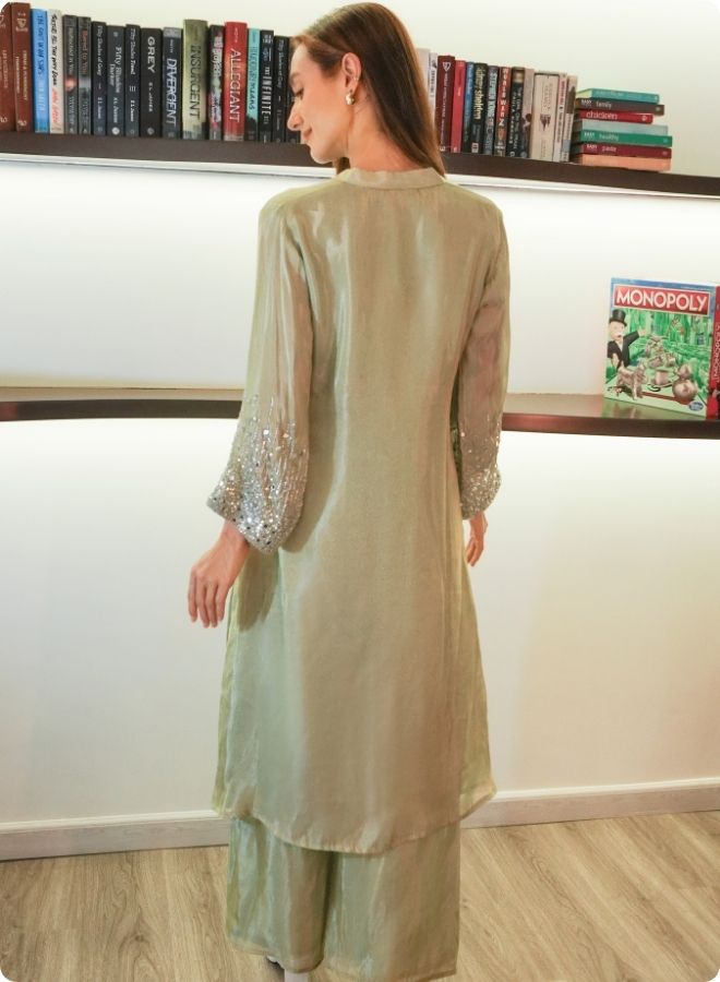 Sea Green Silk Kurta Set with Mirror Work Detailing
