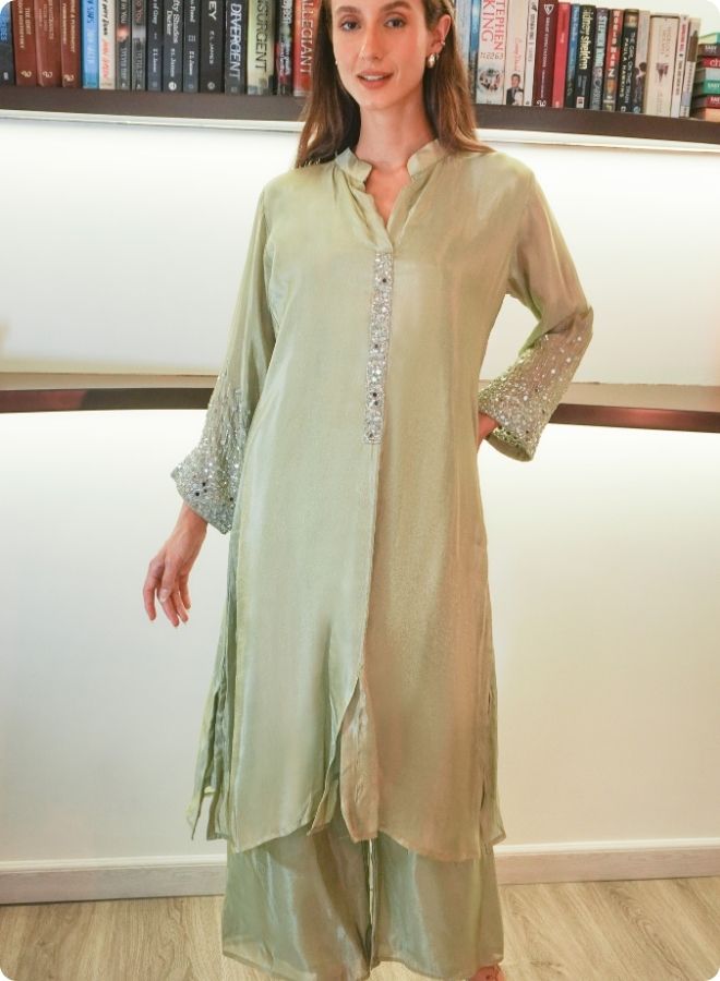 Sea Green Silk Kurta Set with Mirror Work Detailing
