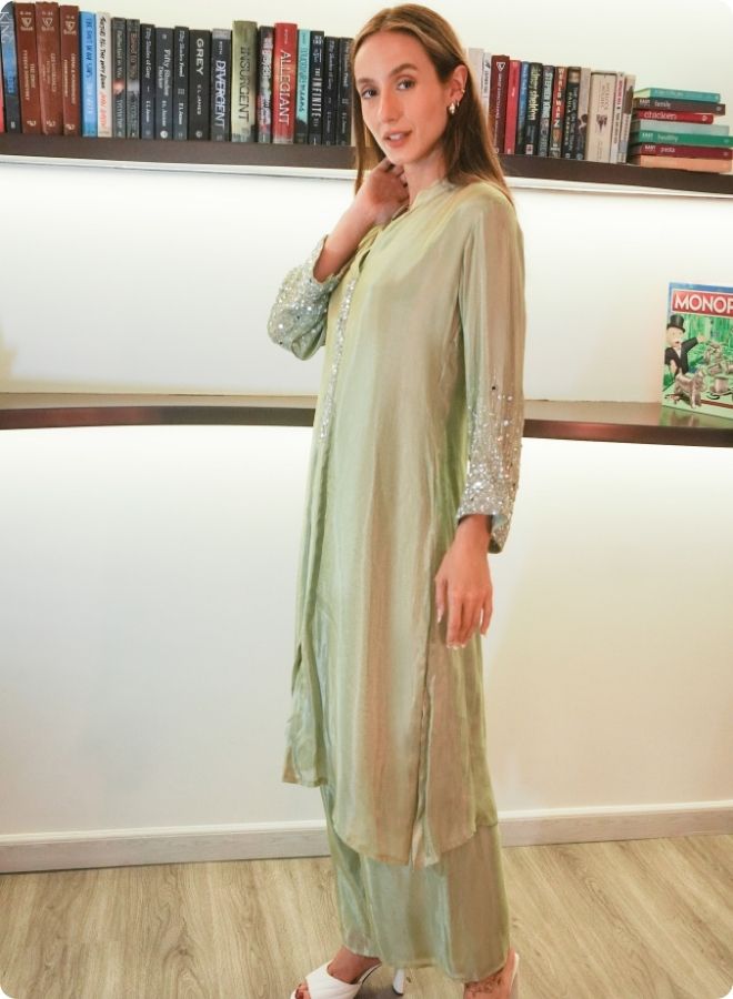 Sea Green Silk Kurta Set with Mirror Work Detailing