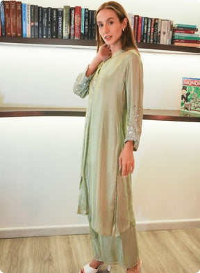 Sea Green Silk Kurta Set with Mirror Work Detailing