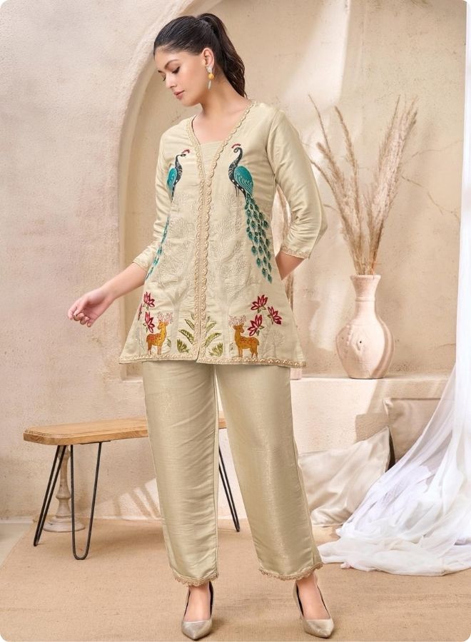 Beige Peacock Embroidered Straight Kurta Set 