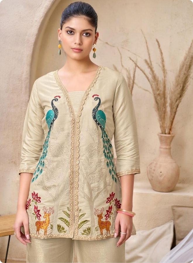 Beige Peacock Embroidered Straight Kurta Set 